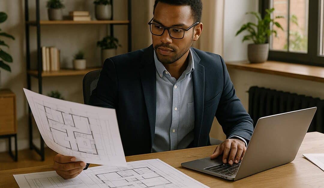 Ein Selbständiger sitzt in seinem Homeoffice am Schreibtisch und checkt Finanzierungs- und Immobilienunterlagen auf Papier und am Laptop | Immobilienfinanzierung
