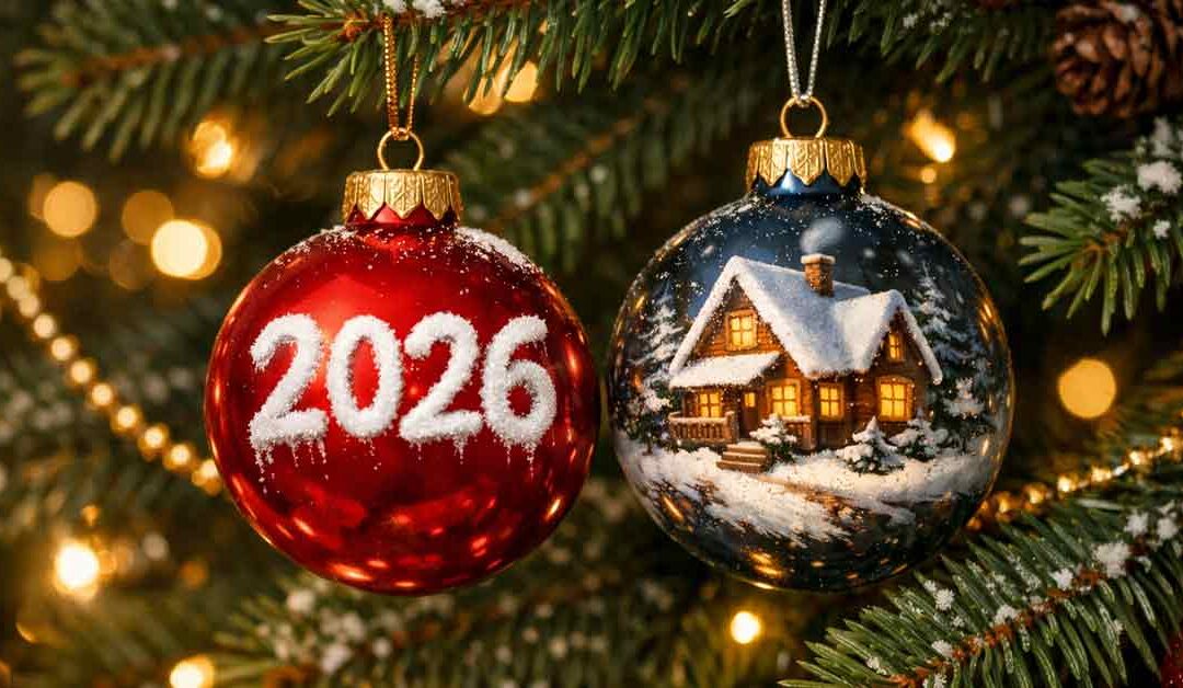 Zwei Christbaumkugeln am Tannenbaum: eine rote Kugel mit der Aufschrift „2026“ und eine Kugel mit verschneitem Hausmotiv – Symbolbild für Immobilienkauf, Finanzierung und Eigenheim-Träume 2026. | Immobilienkauf