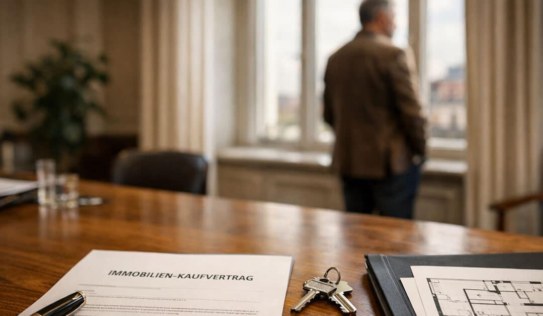 Realistische, hochwertige Fotografieszene in einem modernen Besprechungsraum kurz vor einem Notartermin. Im Vordergrund liegt ein Immobilien-Kaufvertrag ordentlich auf einem Holztisch, daneben ein Füller, ein Hausschlüssel und eine Mappe mit Grundrissplänen. Im Hintergrund steht ein eleganter Verkäufer in Business-Casual-Kleidung seitlich am großen Fenster, mit dem Rücken leicht zur Kamera, und blickt nachdenklich hinaus in die Stadt. Natürliches Tageslicht, ruhige, aber leicht angespannte Stimmung, professionelle Bildästhetik, warme Farbtöne, geringe Tiefenschärfe, Fokus auf den Tisch im Vordergrund. - Symbolbild für geplatzten Immobilienverkauf | Immobilienverkauf